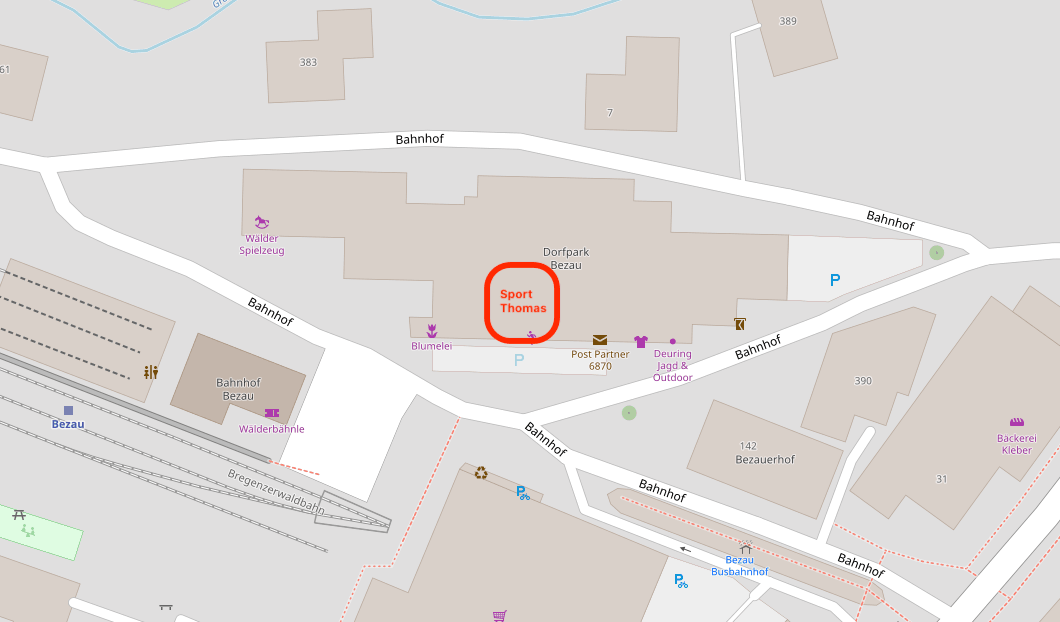Karte von Bezau mit dem Standort von Sport Thomas neben dem alten Bahnhof.